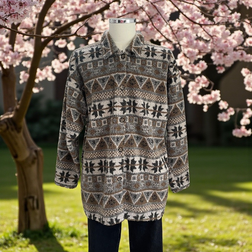 Vintage Palmettos Aztec Sherpa Fleece Jacket L Southwestern Winter‎ Grunge Cozy